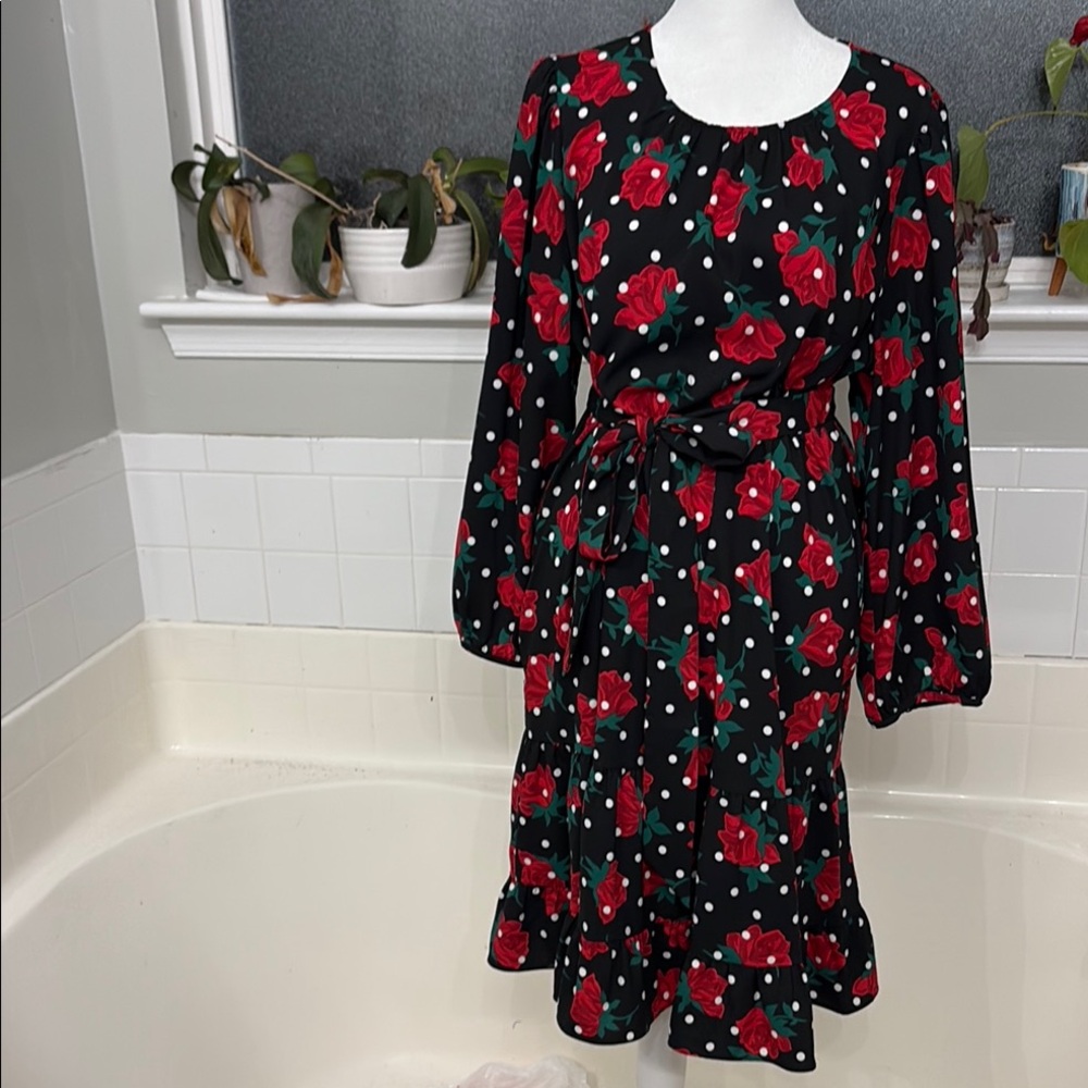 Kate Spade Black and Red Ruffled Sundress with Bishop Sleeves